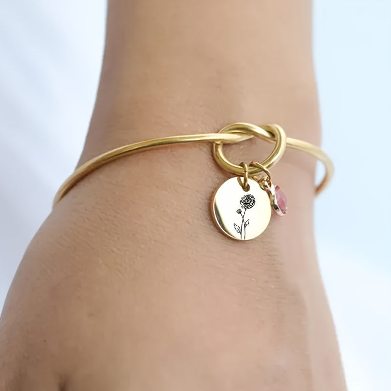 Personalized Knot Birthflower Bracelet with Birthstone, Custom Engraved Name Charm, Custom Bangle Bracelet with Charms, Friendship Jewelry for Bridesmaid, Mother'S Day Gift for Mom Or Grandma, Matching Bracelets for Women