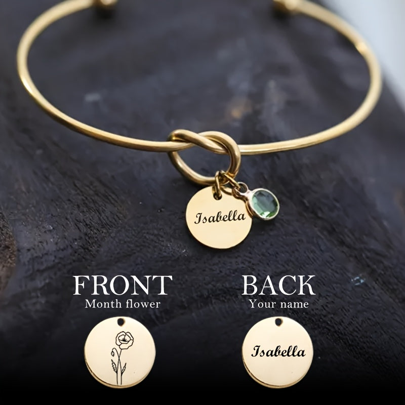 Personalized Knot Birthflower Bracelet with Birthstone, Custom Engraved Name Charm, Custom Bangle Bracelet with Charms, Friendship Jewelry for Bridesmaid, Mother'S Day Gift for Mom Or Grandma, Matching Bracelets for Women