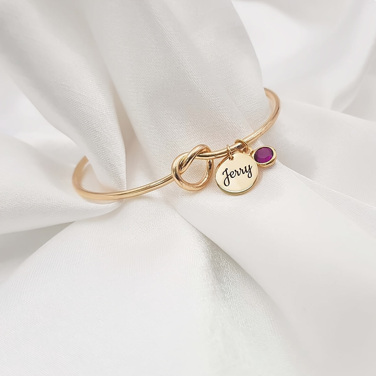 Personalized Knot Bracelet Pendant | Name Bracelet with Birthstone | 304L Stainless Steel Open Bangle | 18K Golden Plated | Adjustable Bracelet with Custom Name | Engraved Name Disc Pendant | Personalized Gift for Mom Grandma Birthday/Mother'S Day/C