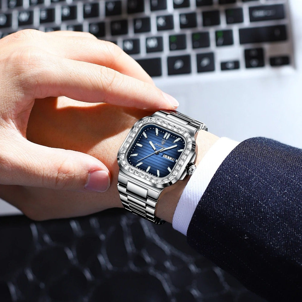 POEDAGAR Men'S Wristwatch with Luminous Features, Date And Week Display, Stainless Steel Square Quartz Timepiece