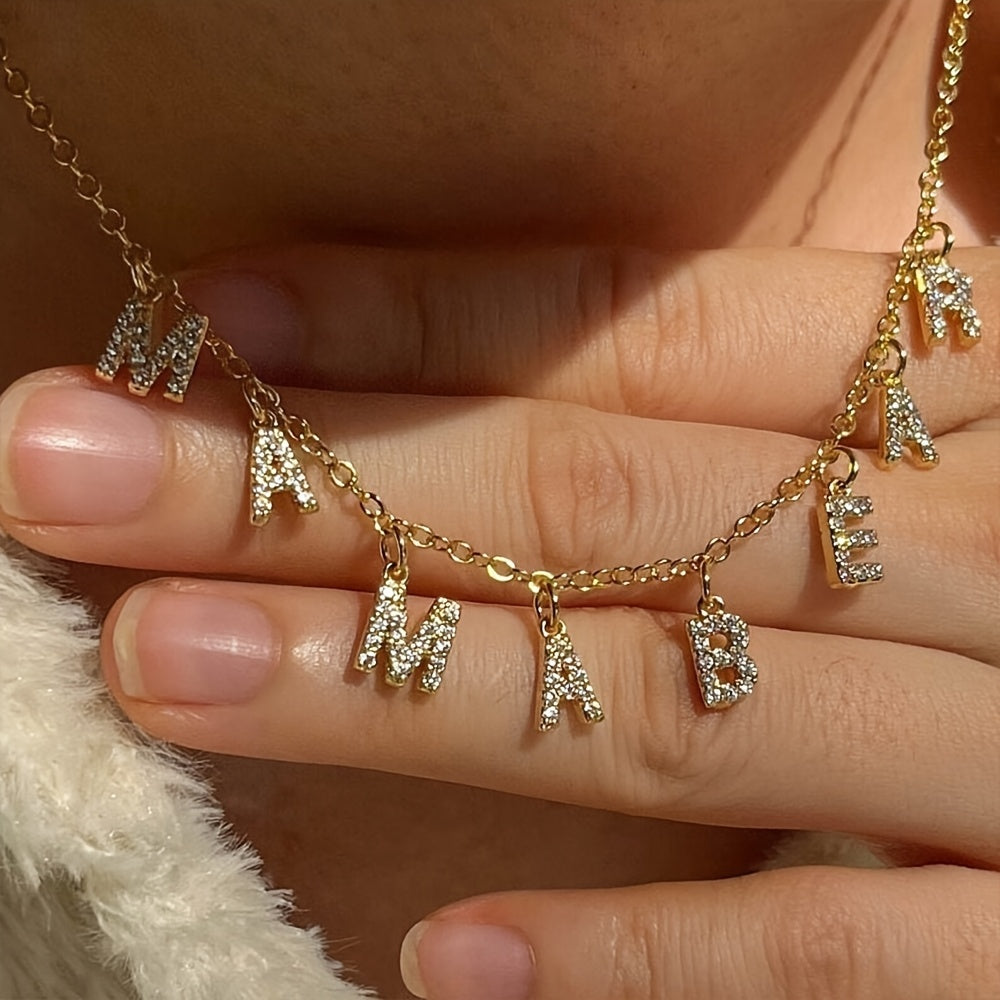 Personalized Stainless Steel Golden Synthetic Synthetic Zirconia Monogram Name Necklace, Custom MAMA Synthetic Zirconia Monogram Name Pendant Necklace, Custom Jewelry Gift, Holiday Gift, Birthday Gift, Wedding Gift, Perfect Gift