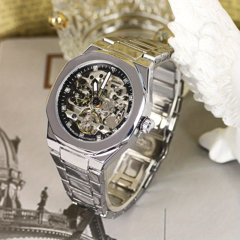 1pc of KIMSDUN Men'S Silvery-Toned Zinc Alloy Automatic Mechanical Watch Featuring Rhinestone Accents And Glow-In-The-Dark Hands, Casual Design, No Battery Required