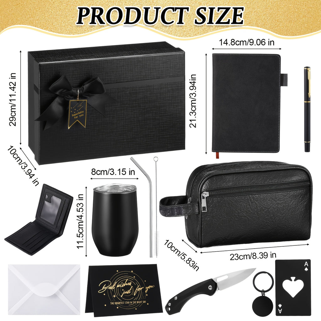 Gift for Her/Him 13pcs Birthday Gifts for Men Thank You Gift Baskets 12 Oz Tumbler Leather Toiletry Bag for Him Valentine Christmas for Dad, Boyfriend, Husband, Brother