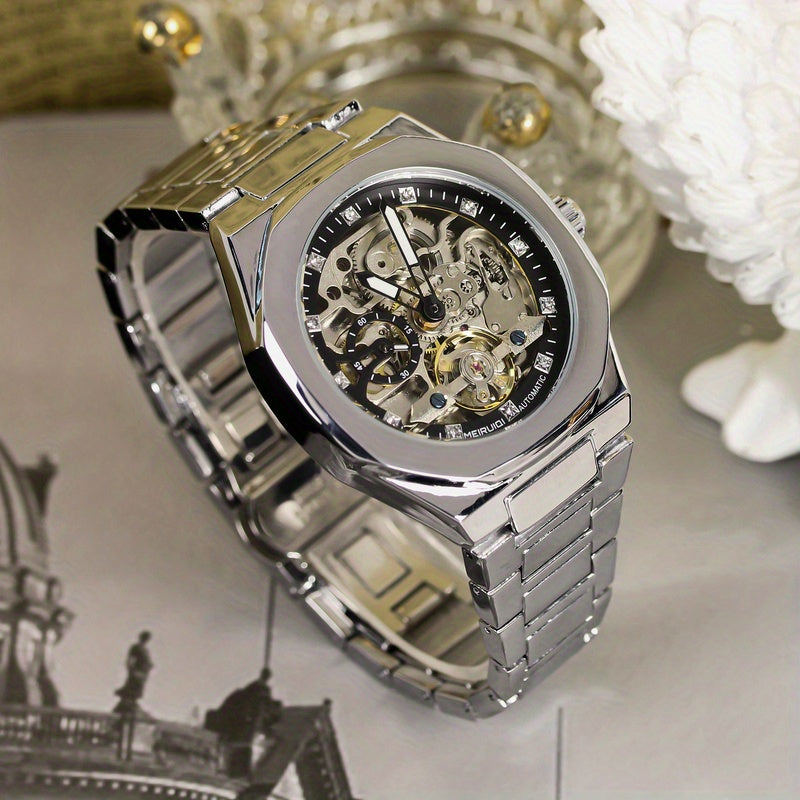 1pc of KIMSDUN Men'S Silvery-Toned Zinc Alloy Automatic Mechanical Watch Featuring Rhinestone Accents And Glow-In-The-Dark Hands, Casual Design, No Battery Required