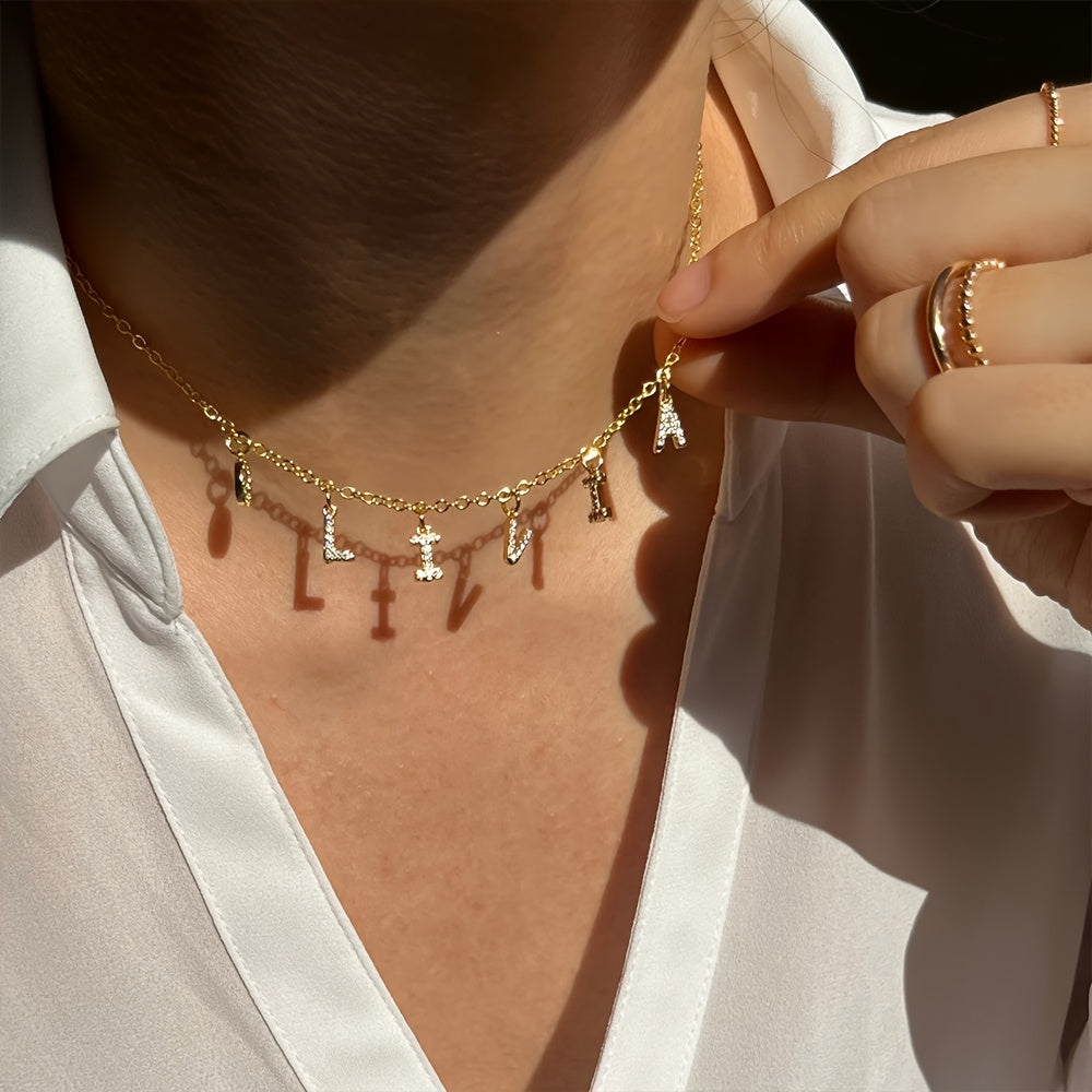 Personalized Stainless Steel Golden Synthetic Synthetic Zirconia Monogram Name Necklace, Custom MAMA Synthetic Zirconia Monogram Name Pendant Necklace, Custom Jewelry Gift, Holiday Gift, Birthday Gift, Wedding Gift, Perfect Gift