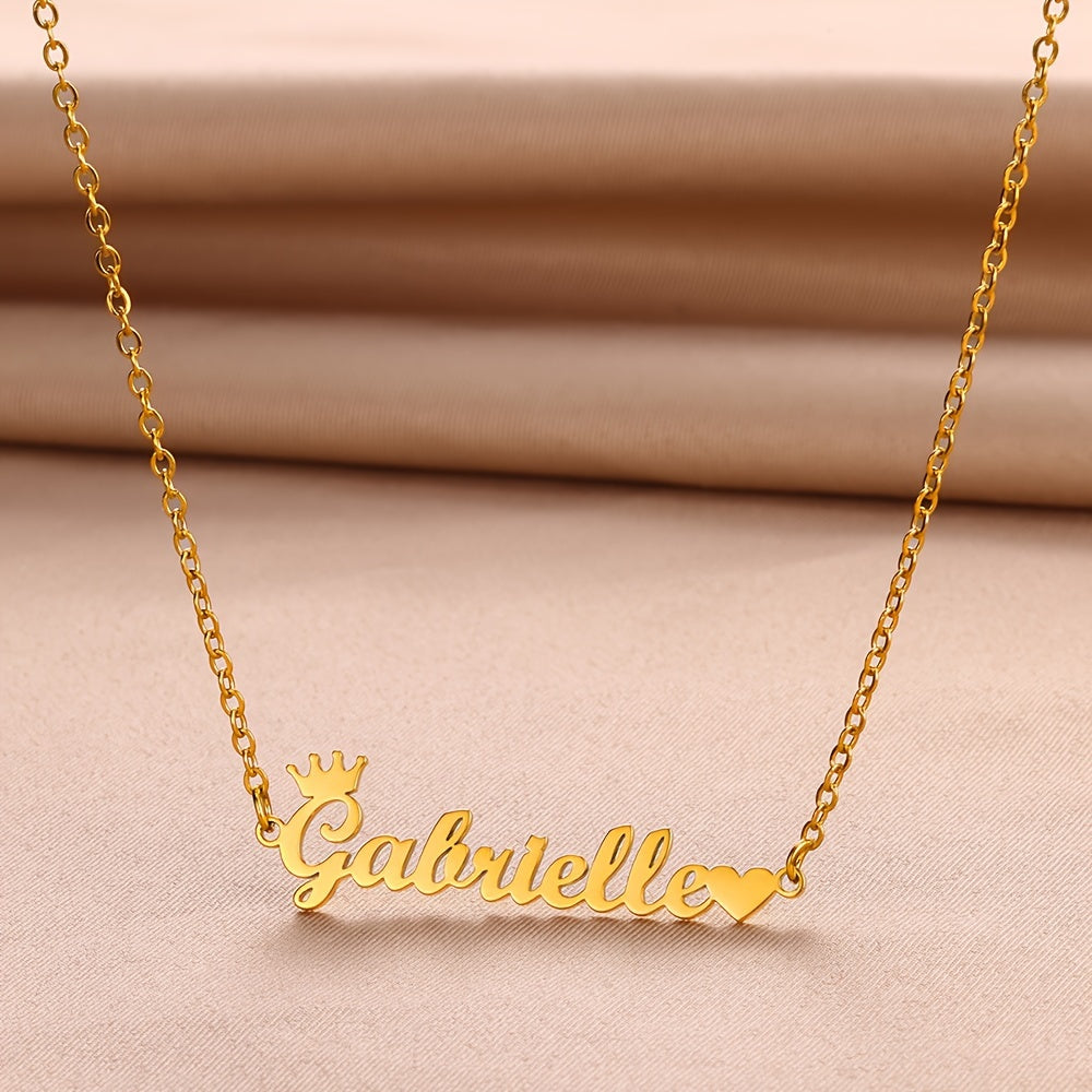 Personalized Golden Name Necklace with Crown & Heart Charm - Custom Initials in Elegant Script, Stainless Steel Jewelry Gift for Women, Valentine's Day, Everyday & Party Wear, Custom Name Necklace, Script Font Style, Shiny Finish