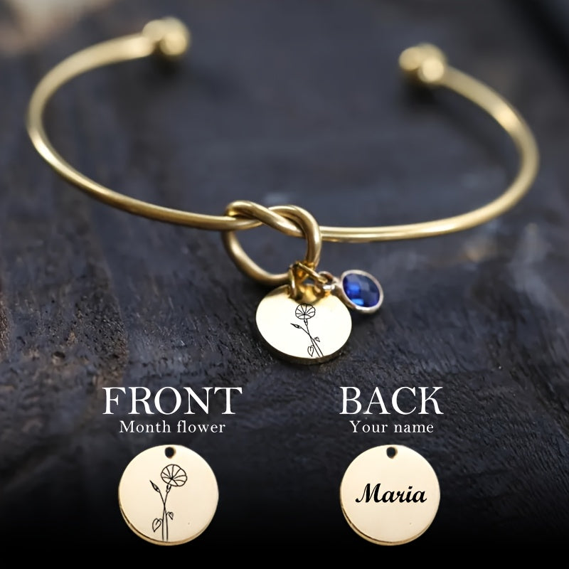 Personalized Knot Birthflower Bracelet with Birthstone, Custom Engraved Name Charm, Custom Bangle Bracelet with Charms, Friendship Jewelry for Bridesmaid, Mother'S Day Gift for Mom Or Grandma, Matching Bracelets for Women