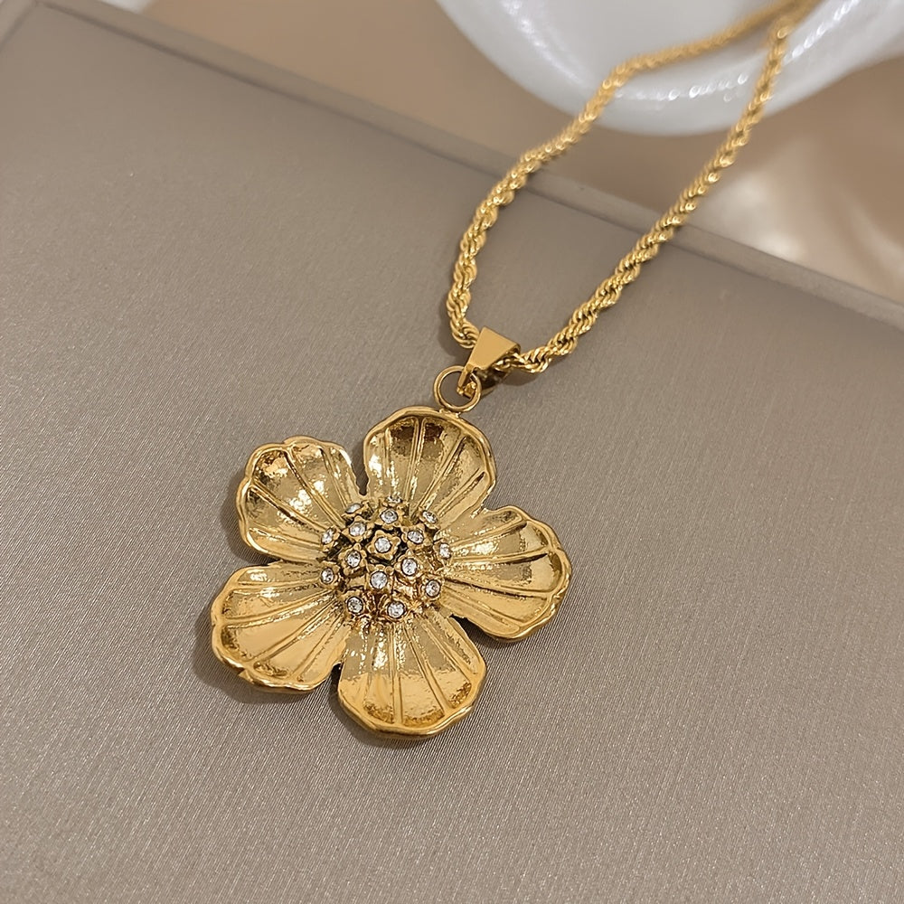 1pc Stainless Steel Necklaces Vintage Golden Flowers Pendant Thick Twist Chain Necklace for Women Fashionable Charm Jewelry on Neck Accessories Mother's Day Gift, Valentine's Day Gift, Party Gift, New Year Gift