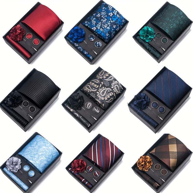 4pcs/set Men'S Tie Set | Business Wedding Party Solid Striped Paisley Necktie & Pocket Square Cufflinks Lapel Pin in Gift Box - Ideal Choice for Gift, Knit Fabric
