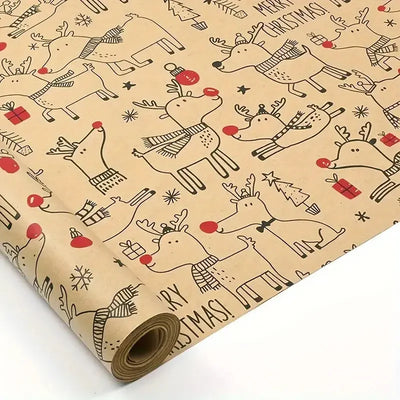 Vintage Reindeer Wrapping Paper, Extra Large Roll. Beige, Red, Brown. For Big Presents, Wedding, Xmas Decor