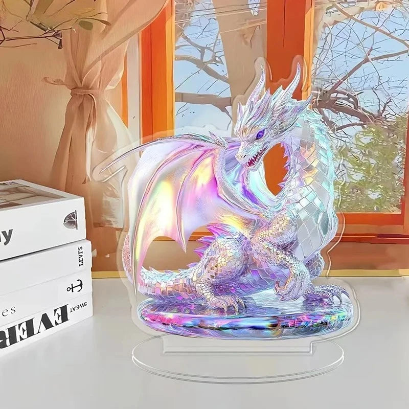 2D Flat Acrylic White Crystal Dragon Statue Studio Display Table Ornament Gift Home Decor