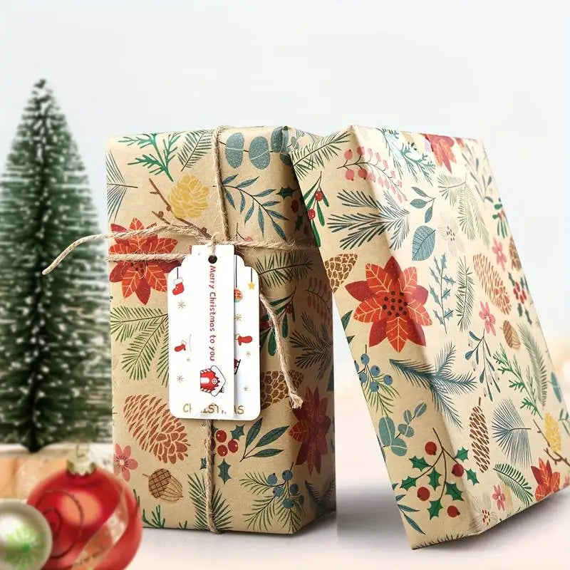 1 Roll 10m Large Size Christmas Themed Gift Wrapping Paper Plant Leaves Flowers Decoration Kraft Paper DIY Gift Wrapping Supplies