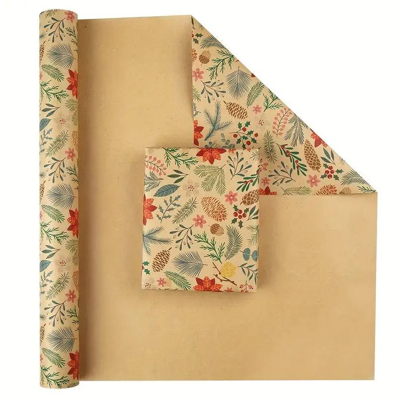 1 Roll 10m Large Size Christmas Themed Gift Wrapping Paper Plant Leaves Flowers Decoration Kraft Paper DIY Gift Wrapping Supplies