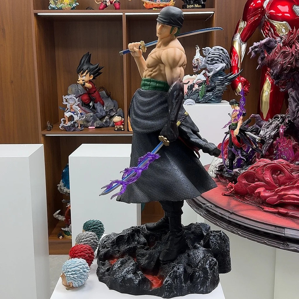 50cm One Piece Anime Carrying Knife Roronoa Zoro 5 Interchangeable Heads Statue Model Figure Collectible Ornament Toys Gift