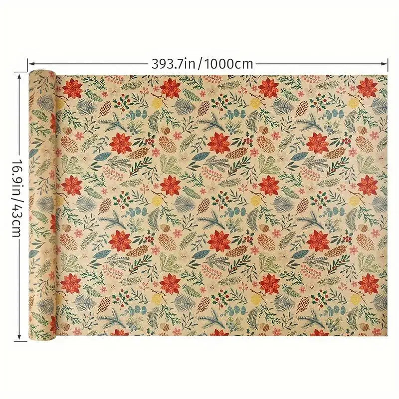 1 Roll 10m Large Size Christmas Themed Gift Wrapping Paper Plant Leaves Flowers Decoration Kraft Paper DIY Gift Wrapping Supplies