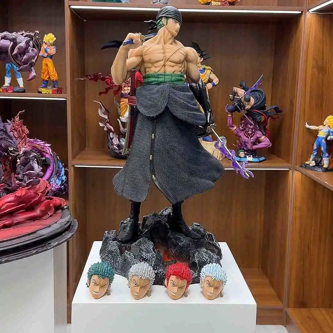 50cm One Piece Anime Carrying Knife Roronoa Zoro 5 Interchangeable Heads Statue Model Figure Collectible Ornament Toys Gift