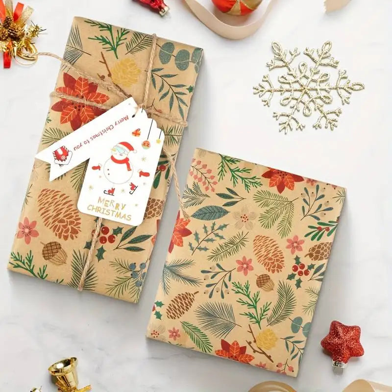 1 Roll 10m Large Size Christmas Themed Gift Wrapping Paper Plant Leaves Flowers Decoration Kraft Paper DIY Gift Wrapping Supplies