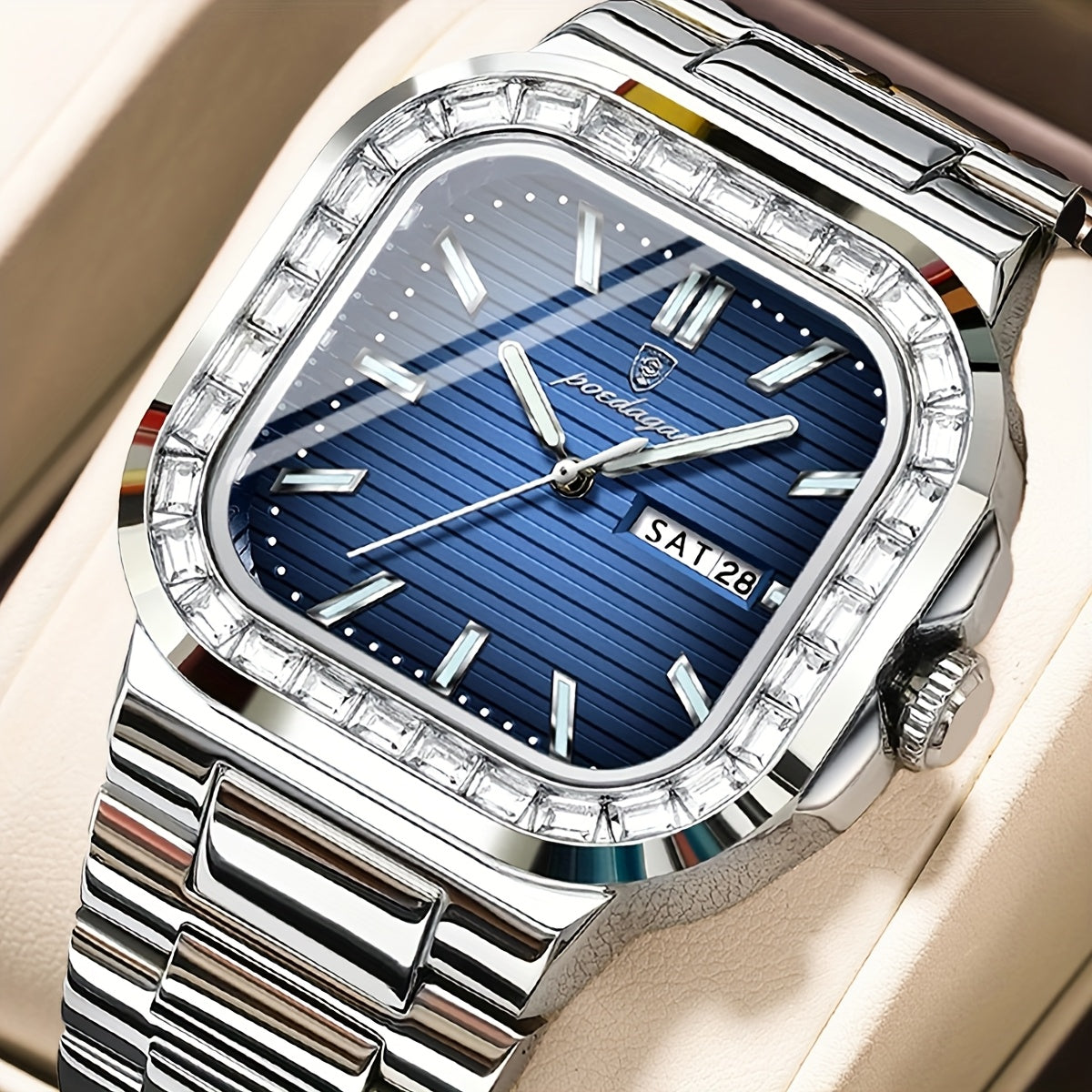 POEDAGAR Men'S Wristwatch with Luminous Features, Date And Week Display, Stainless Steel Square Quartz Timepiece