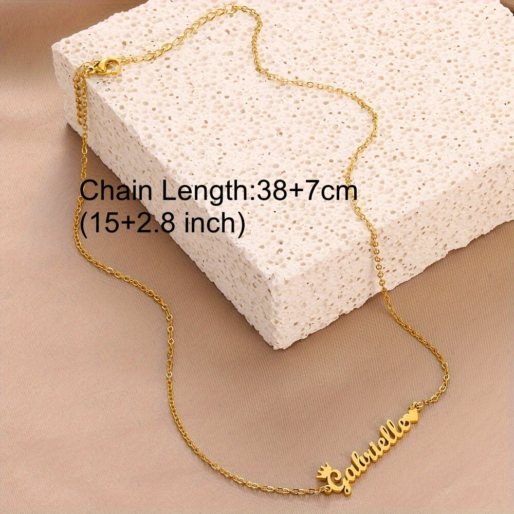 Personalized Golden Name Necklace with Crown & Heart Charm - Custom Initials in Elegant Script, Stainless Steel Jewelry Gift for Women, Valentine's Day, Everyday & Party Wear, Custom Name Necklace, Script Font Style, Shiny Finish