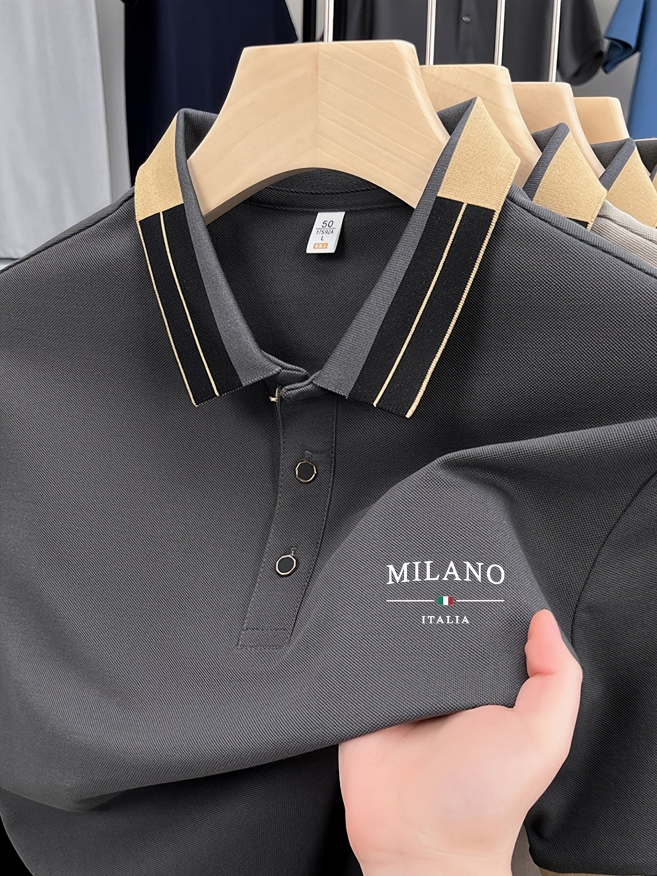 Men's Breathable Lightweight Soft POLO Shirt with 'MILANO ITALIA' Print | Summer Casual And Business Wear, Regular Fit, Button Collar, Ideal for Vacation And Daily Use, Fashion Contrast Design, Soft Fabric