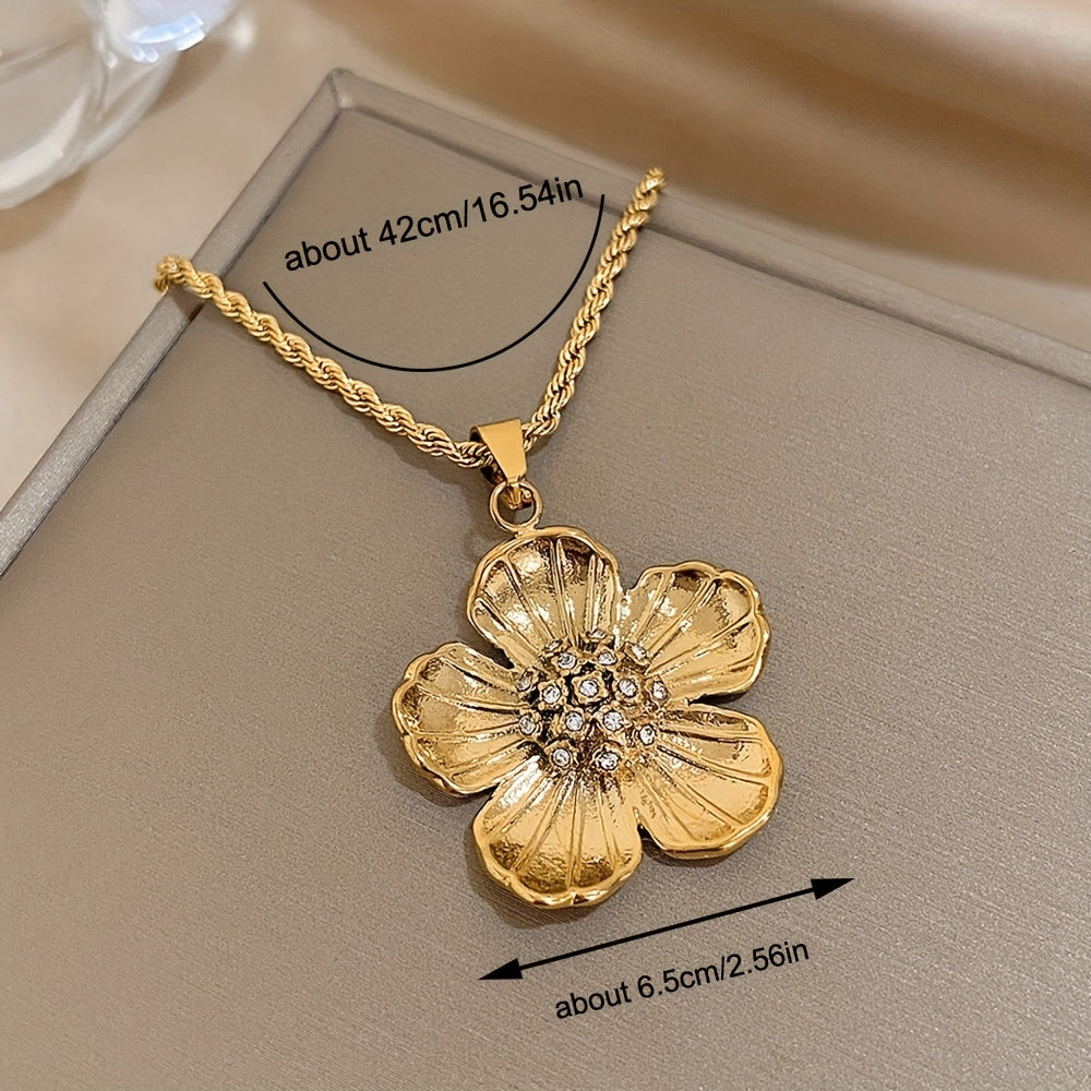1pc Stainless Steel Necklaces Vintage Golden Flowers Pendant Thick Twist Chain Necklace for Women Fashionable Charm Jewelry on Neck Accessories Mother's Day Gift, Valentine's Day Gift, Party Gift, New Year Gift
