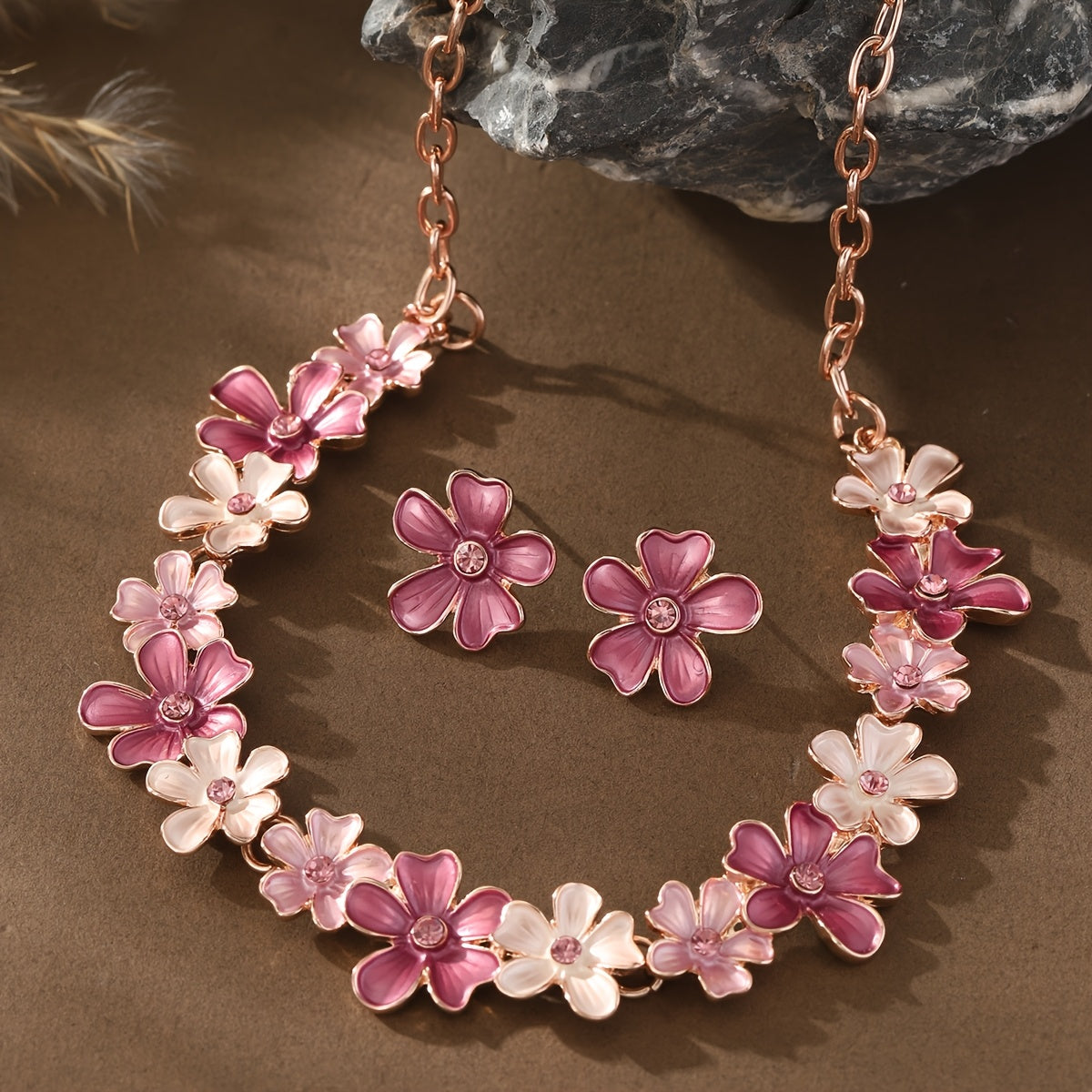 1 Pair Earrings 1 Necklace Women Pink Enamel Large Flower Jewelry Sets Spring Summer Fashion Vacation Accessory Gift, Zinc Alloy Necklace Set