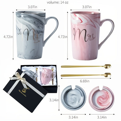 Wedding Gifts Mr And Mrs Mugs - Wedding Gifts For Bride And Groom - Gifts For Bridal Shower Engagement Wedding And Married Couples Anniversary - Ceramic Marble Cups 14 Oz Pink