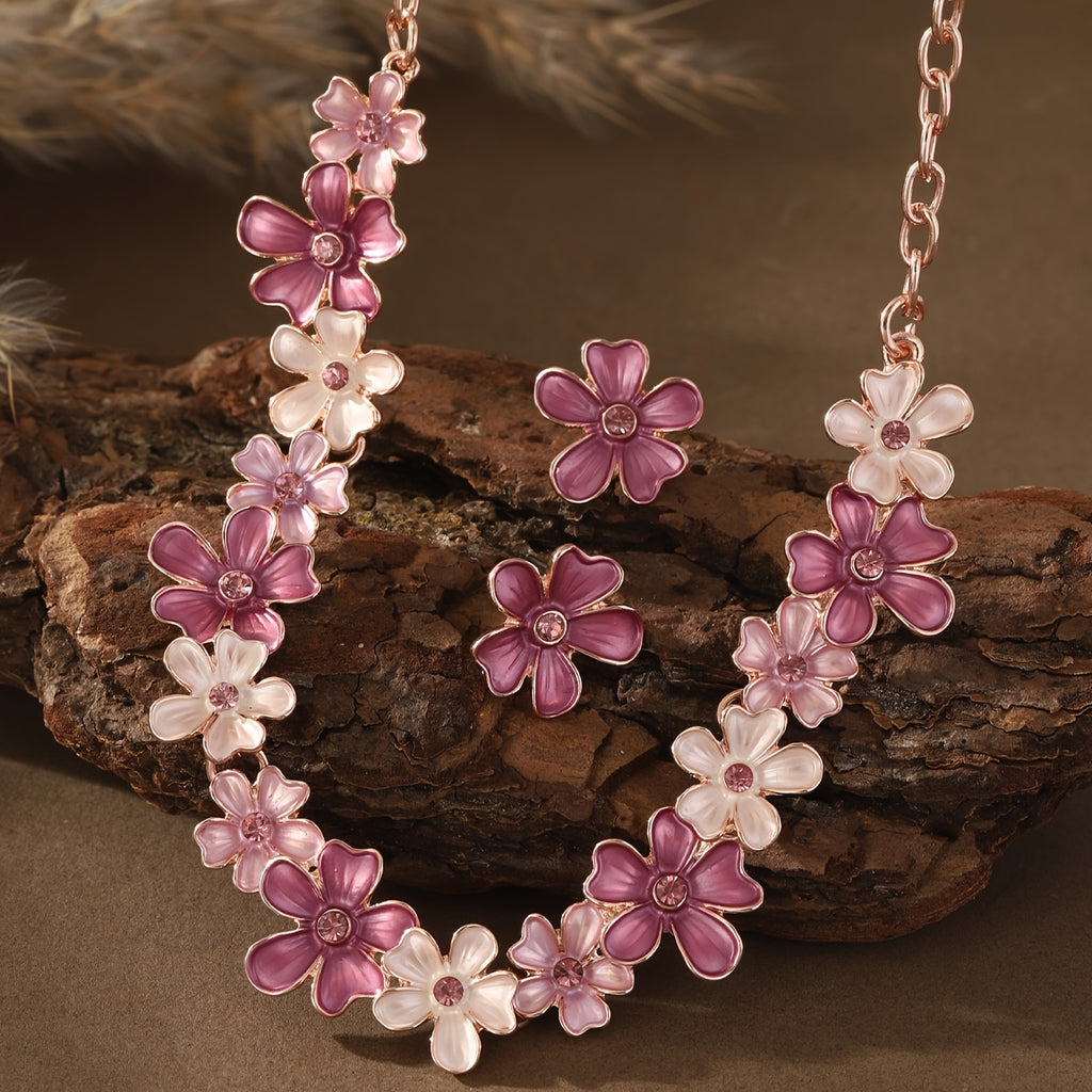1 Pair Earrings 1 Necklace Women Pink Enamel Large Flower Jewelry Sets Spring Summer Fashion Vacation Accessory Gift, Zinc Alloy Necklace Set