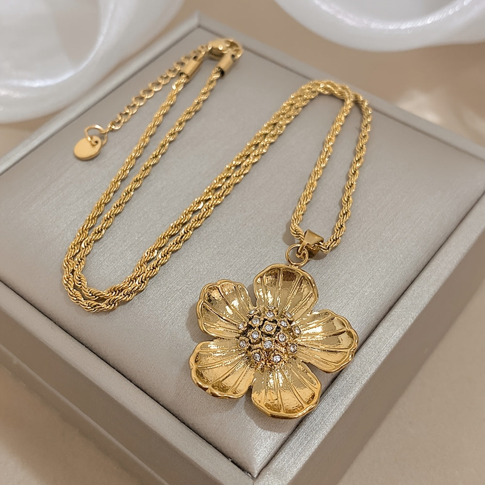 1pc Stainless Steel Necklaces Vintage Golden Flowers Pendant Thick Twist Chain Necklace for Women Fashionable Charm Jewelry on Neck Accessories Mother's Day Gift, Valentine's Day Gift, Party Gift, New Year Gift