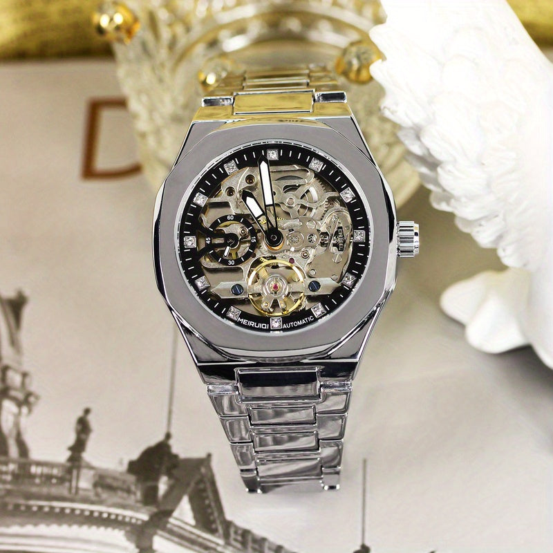 1pc of KIMSDUN Men'S Silvery-Toned Zinc Alloy Automatic Mechanical Watch Featuring Rhinestone Accents And Glow-In-The-Dark Hands, Casual Design, No Battery Required