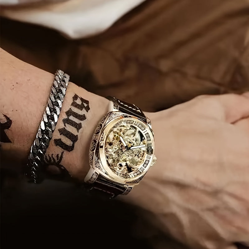 A Men's Golden Belt Fashionable Trendy Carved Hollow Carved Fully Automatic Mechanical Watch