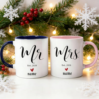 2pcs New Mr & Mrs Custom Name Couple Mugs with Labels, Blue Pink Contrast Sweet Elements, Perfect for Wedding Favors/Anniversary Gifts, Ceramic Texture with Love Details, Cherish "Our Story" in Your Hands, a Unique Item for Your Ceremony!