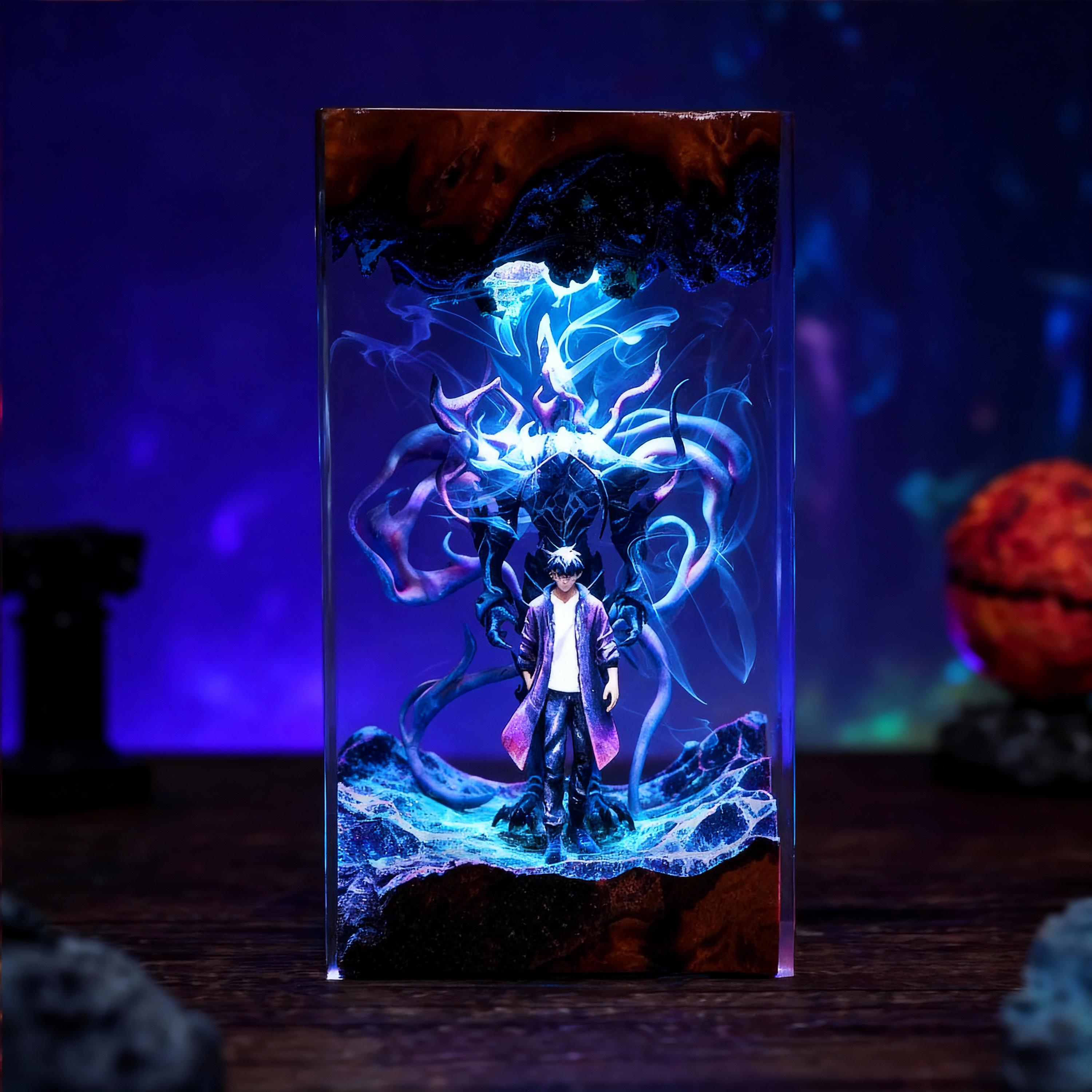 Shadow Monarch & Ant King Resin Lamp – Solo Leveling Anime Night Light, Handmade Epoxy Wood Lamp, Fantasy Table Lamp Gift