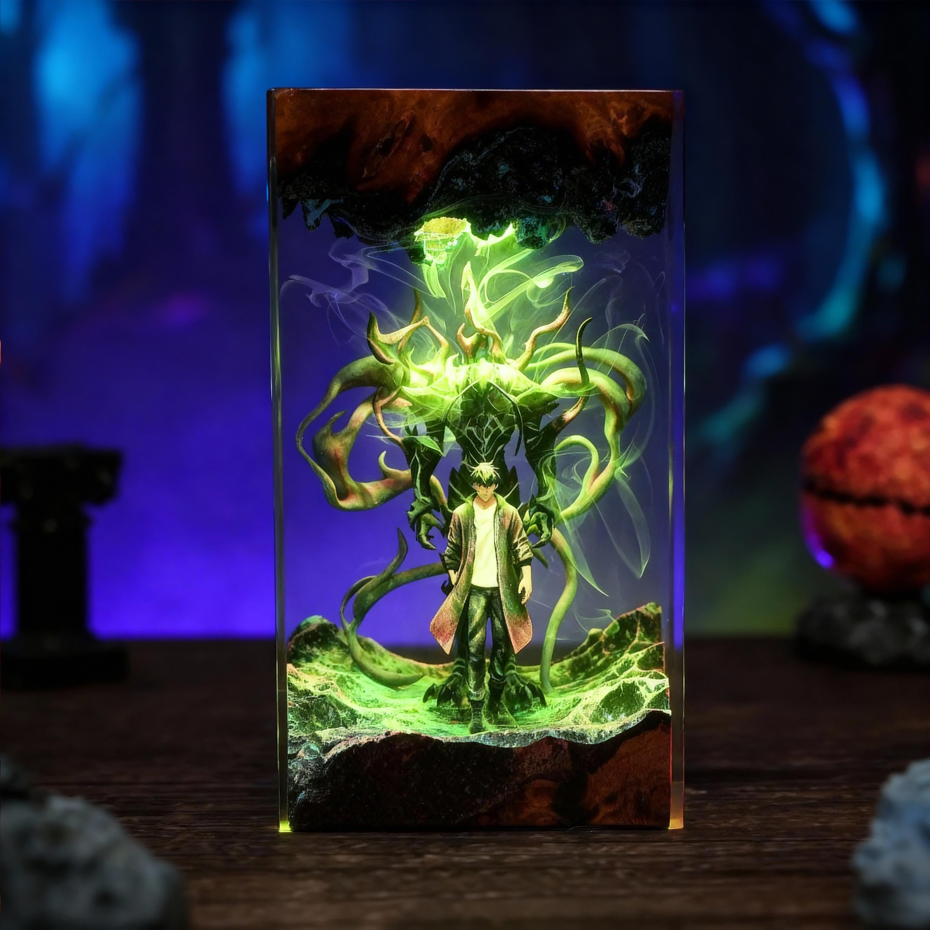 Shadow Monarch & Ant King Resin Lamp – Solo Leveling Anime Night Light, Handmade Epoxy Wood Lamp, Fantasy Table Lamp Gift