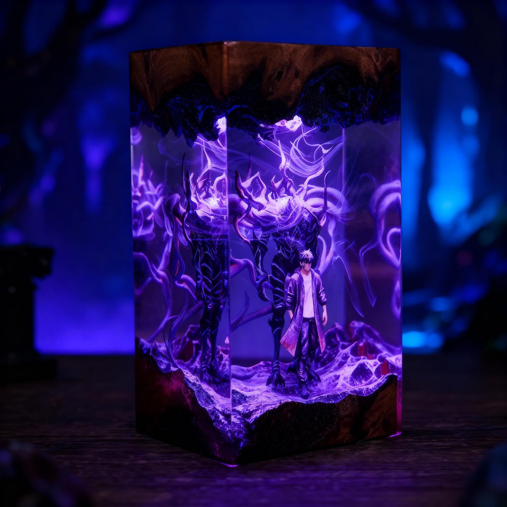 Shadow Monarch & Ant King Resin Lamp – Solo Leveling Anime Night Light, Handmade Epoxy Wood Lamp, Fantasy Table Lamp Gift