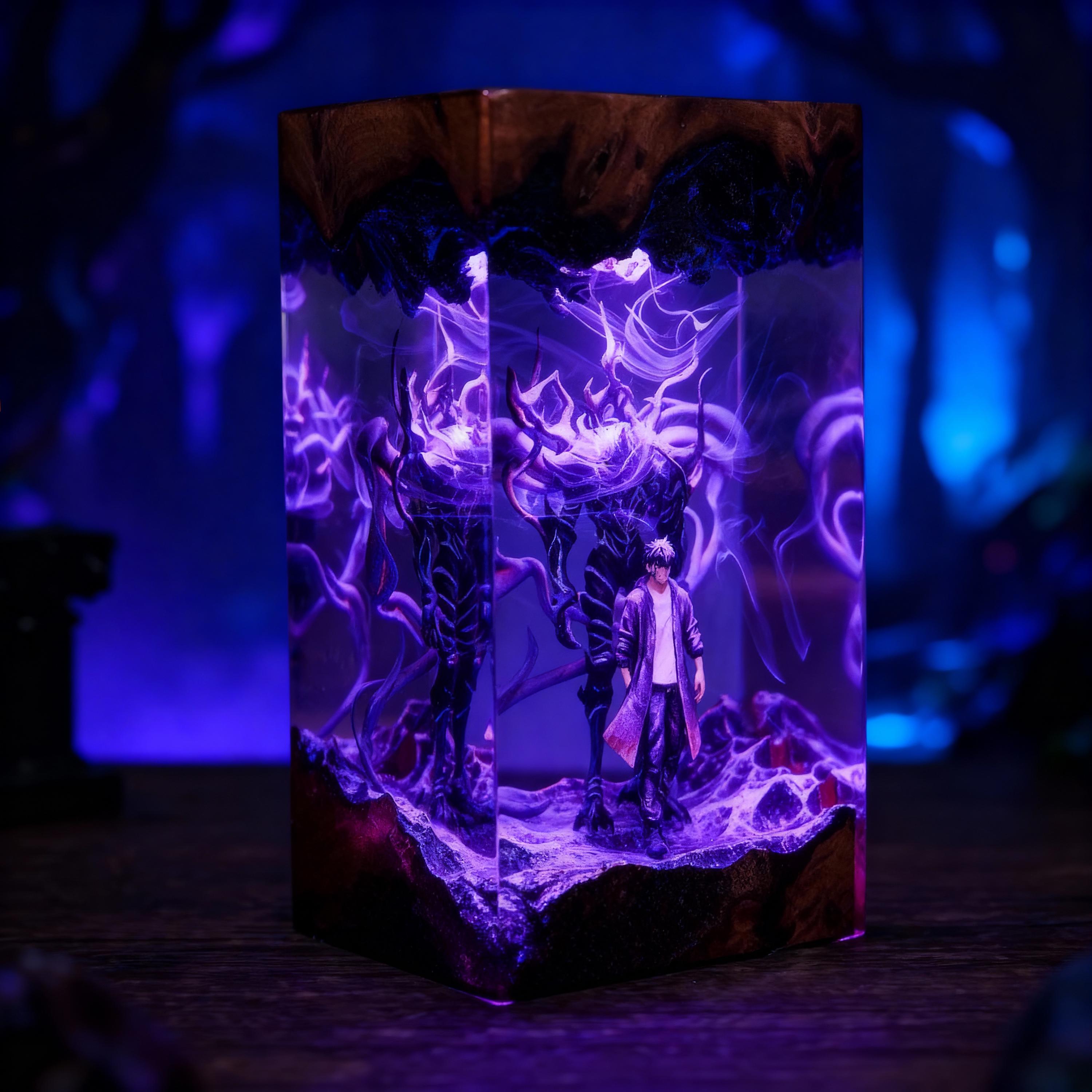 Shadow Monarch & Ant King Resin Lamp – Solo Leveling Anime Night Light, Handmade Epoxy Wood Lamp, Fantasy Table Lamp Gift