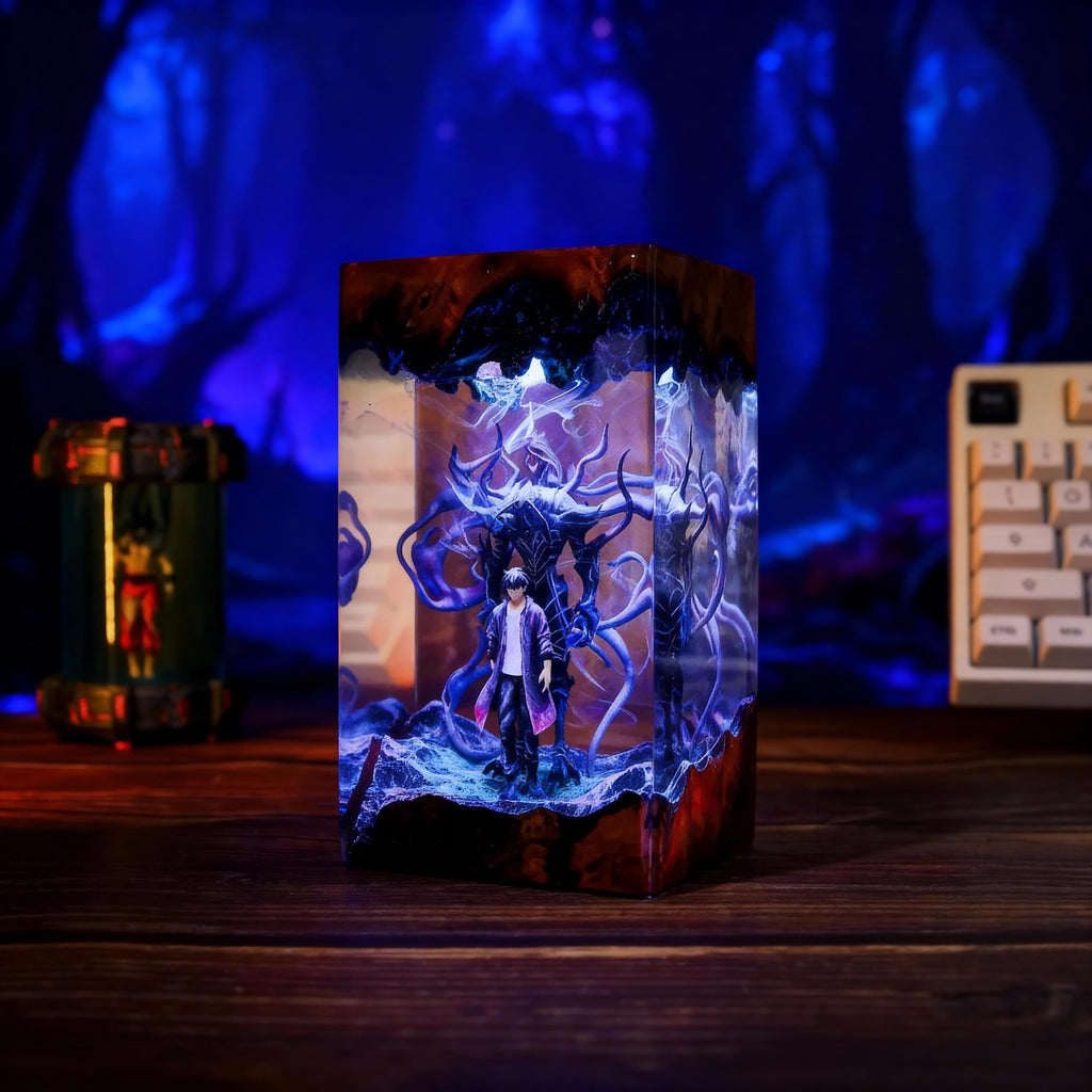 Shadow Monarch & Ant King Resin Lamp – Solo Leveling Anime Night Light, Handmade Epoxy Wood Lamp, Fantasy Table Lamp Gift