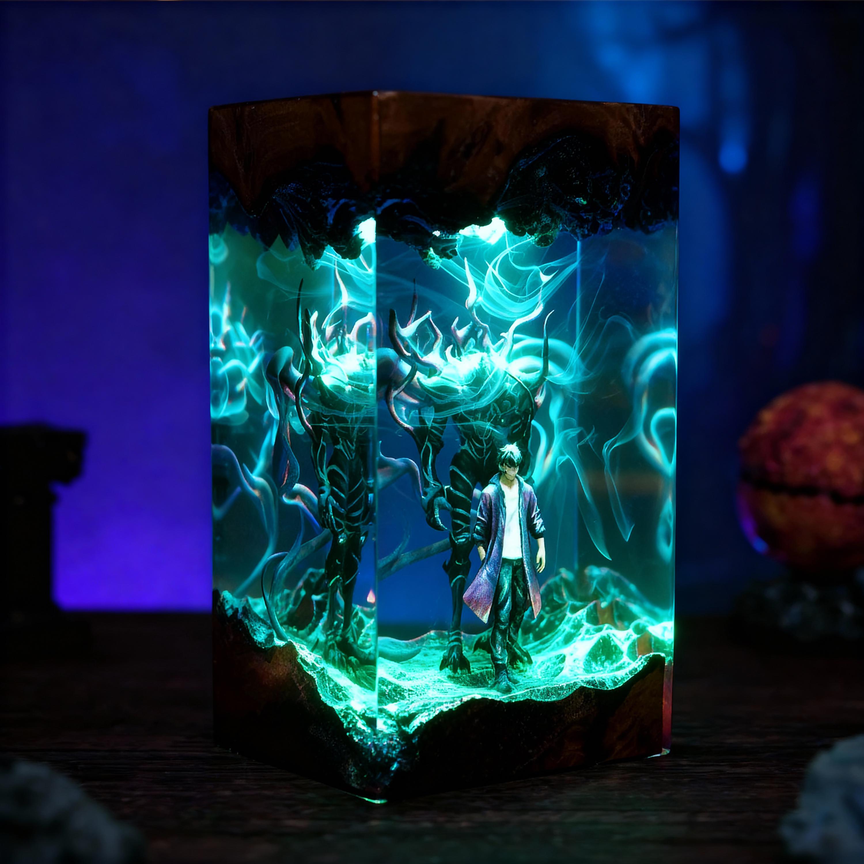 Shadow Monarch & Ant King Resin Lamp – Solo Leveling Anime Night Light, Handmade Epoxy Wood Lamp, Fantasy Table Lamp Gift