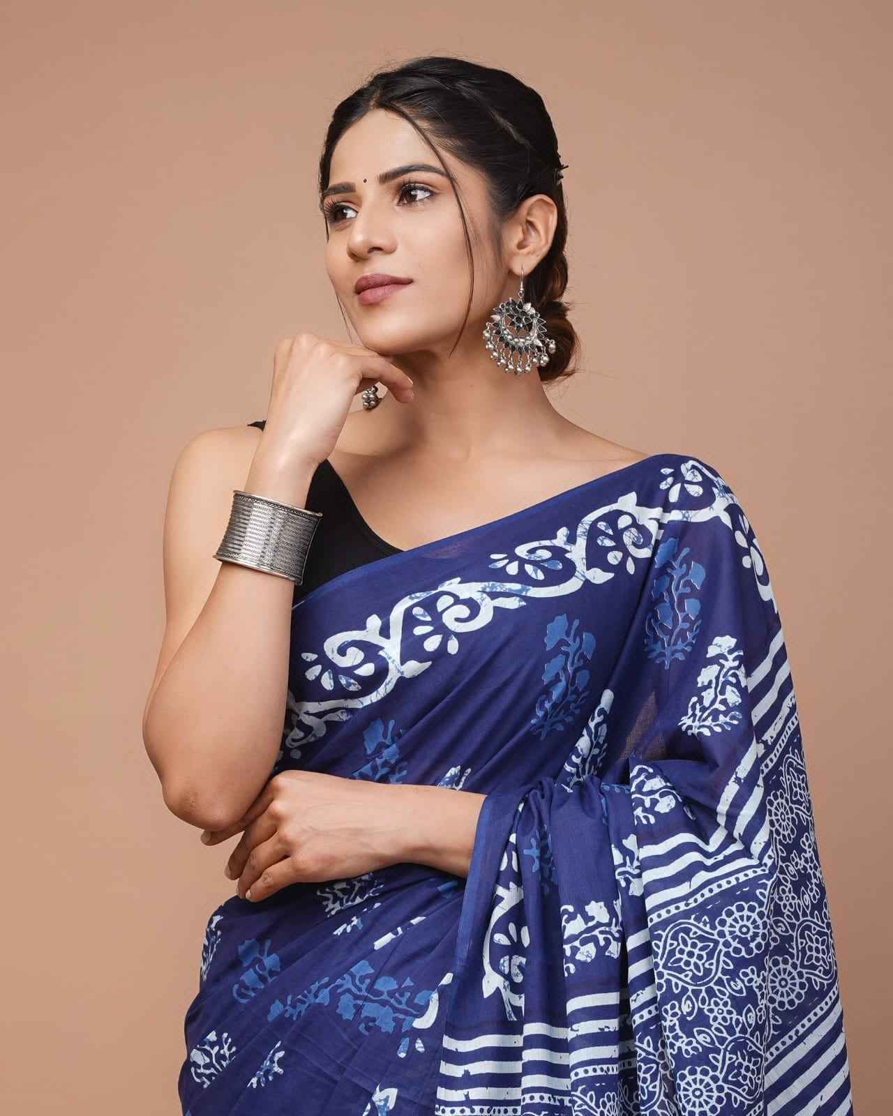 Midnight Muse Indigo Whisper Mulmul Cotton Saree
